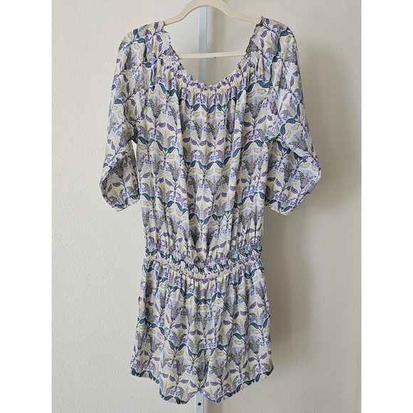 TORY BURCH Silk Mosaic Provence Pompeii Tassels/Smocked Off Shoulder Romper Sz M - Picture 2 of 13